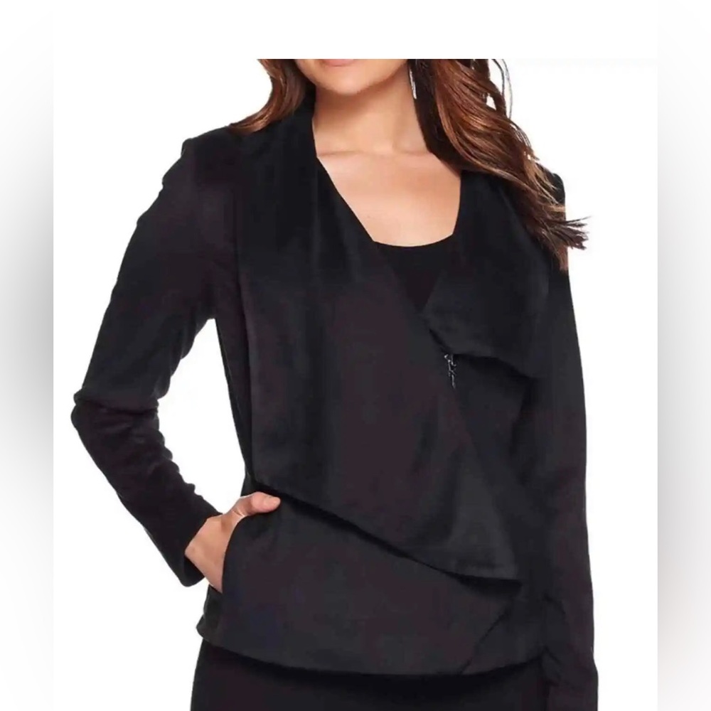 H by Halston BLACK Faux Suede Asymmetrical Waterfall Moto Jacket